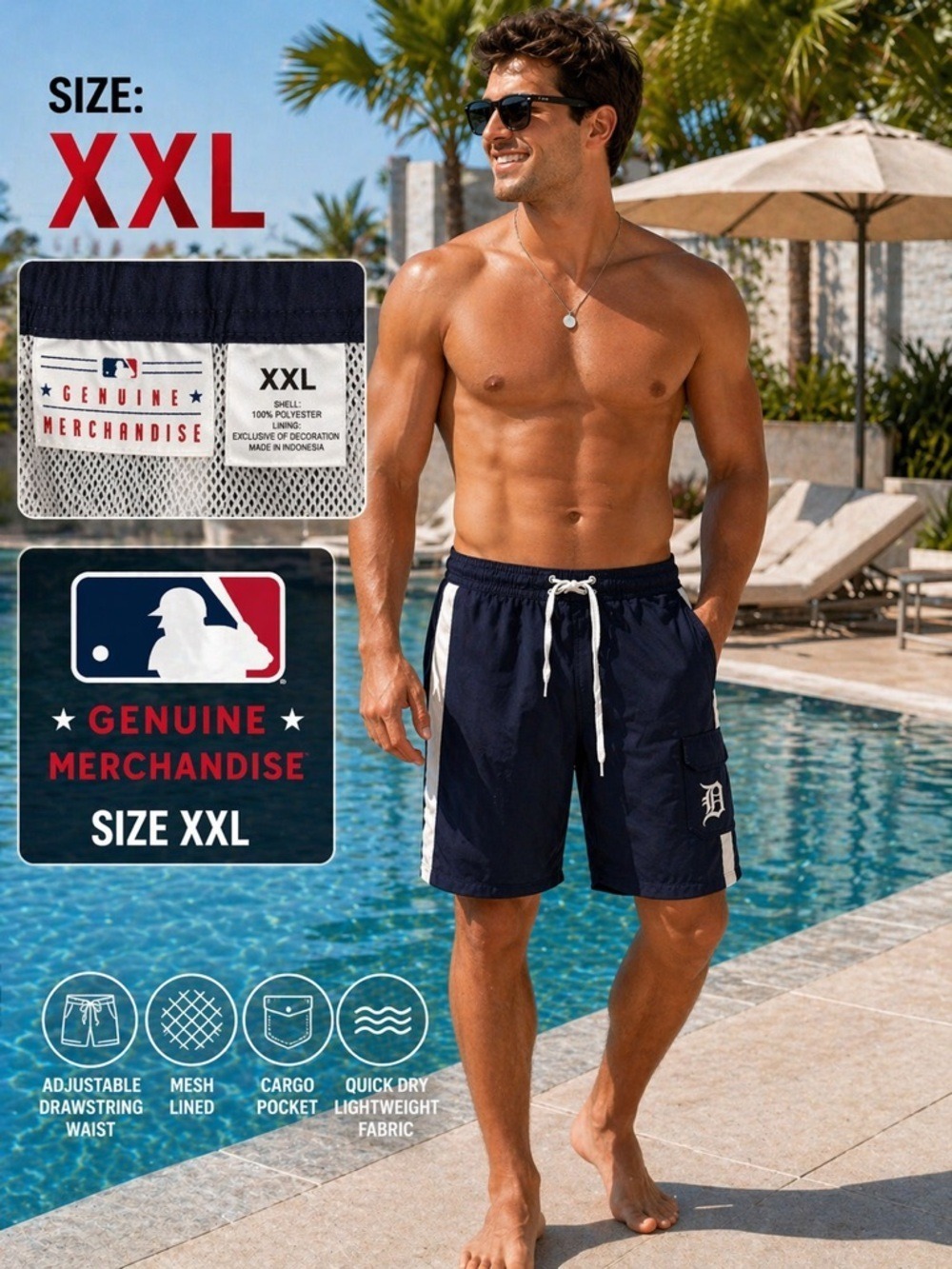 Men’s MLB Genuine Merchandise Swim Trunks Navy Blue Size XXL Detroit Tigers